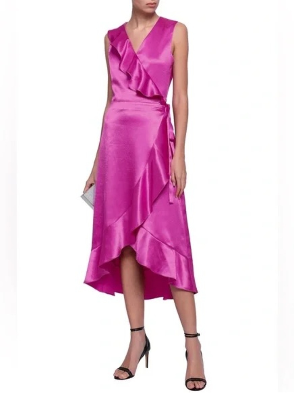Maje Sleeveless Pink Satin Wrap Dress with Belt